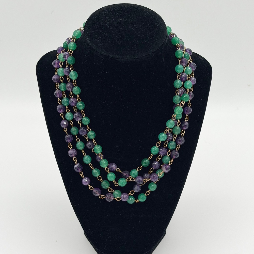 Purple Green faceted Bead 2 Necklace Set Layered Boho Statement Gold Tone 34"